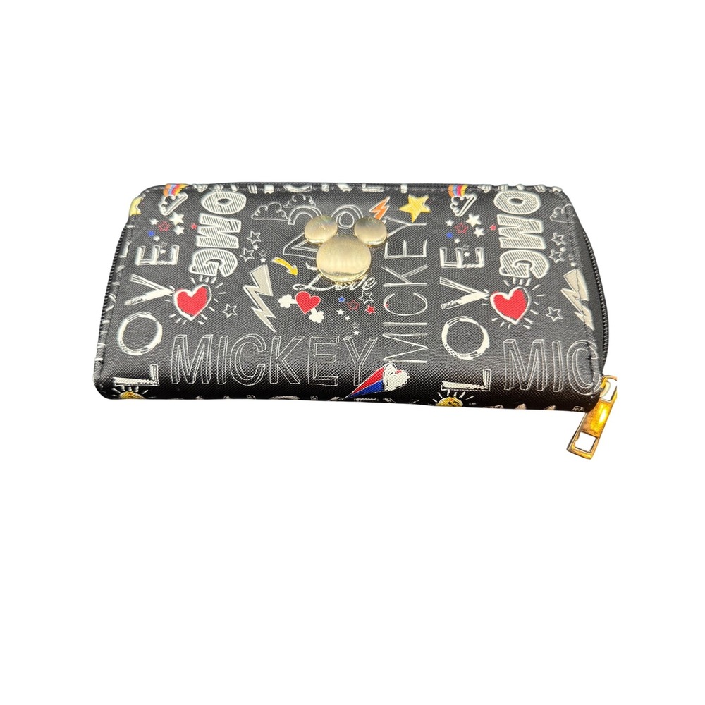 Disney‎ Mickey Mouse Graffiti Zip Around Wallet Black OMG Love Heart Print 7.5in
